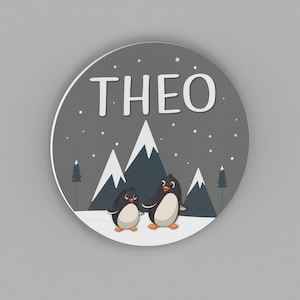 Personalized Penguin Nursery Name Sign: Winter Mountain Decor image 1