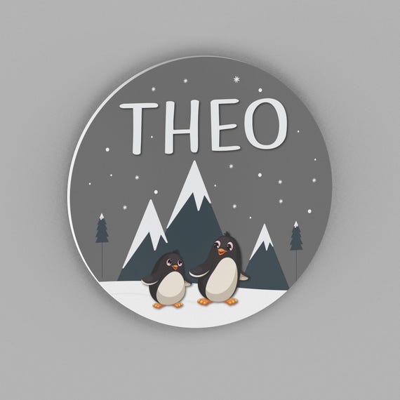 Personalized Penguin Nursery Name Sign: Winter Mountain Decor