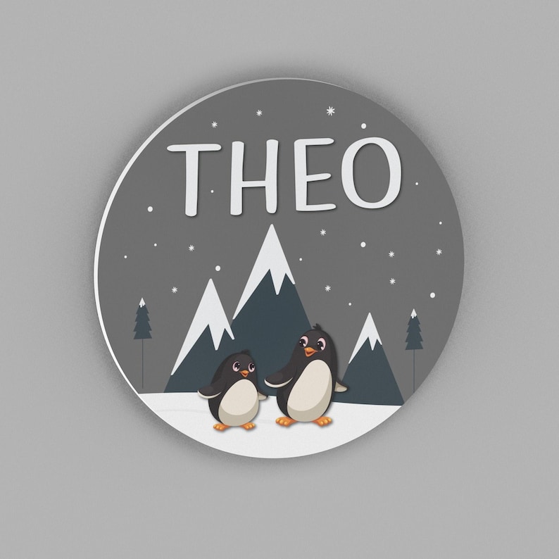 Personalized Penguin Nursery Name Sign: Winter Mountain Decor image 1
