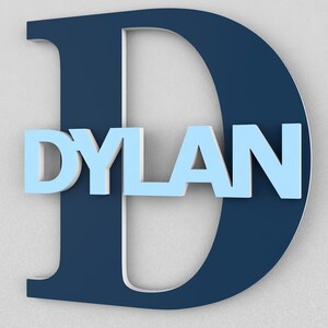 May include: A large navy blue letter D with the name DYLAN in light blue letters inside the D.