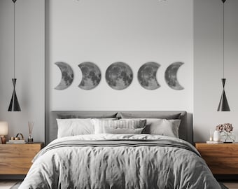 May include: A gray and white bedroom with a bed, two nightstands, and a wall with a moon phase wall decor. The bed has a gray duvet and two pillows. The nightstands are made of wood and have lamps on them.