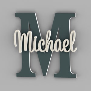 May include: A dark teal wooden letter M with the name Michael in white cursive lettering.