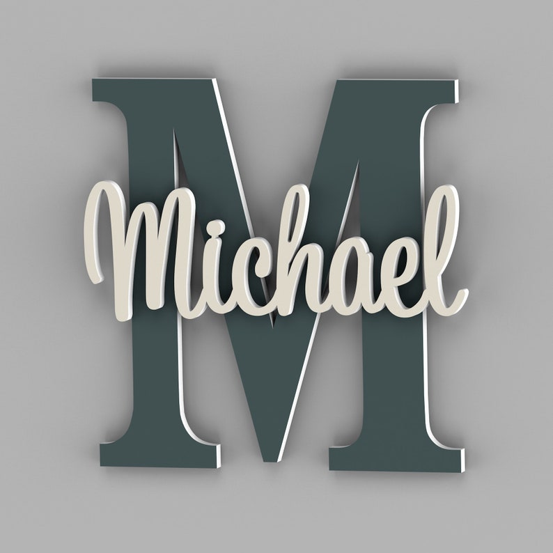 May include: A dark teal wooden letter M with the name Michael in white cursive lettering.