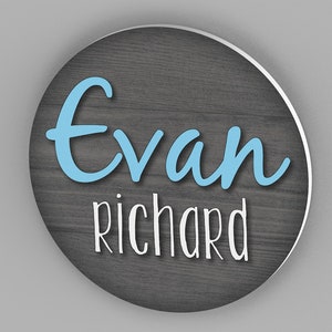 custom round name sign with wood background and first and middle name