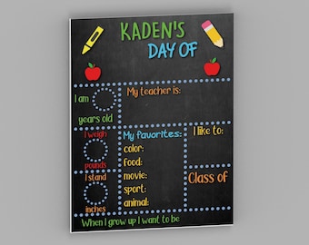 Peut inclure: Un tableau noir avec un design coloré pour le premier jour d'école d'un enfant. Il porte les mots "Kaden's Day Of" en haut et comprend des espaces à remplir avec des informations sur l'enfant, comme son âge, son poids, sa taille, sa couleur préférée, sa nourriture, son film, son sport et son animal préféré. Il y a aussi un espace pour le nom de l'enseignant de l'enfant et la classe dans laquelle il est.