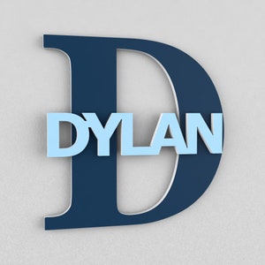 May include: A large navy blue letter D with the name DYLAN in light blue letters inside the letter. The letters are 3D and have a slightly raised texture.