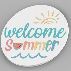 May include: A white round sign with the text "welcome summer" in colorful lettering. The sign features a watermelon slice, a sun, and wavy lines representing water.