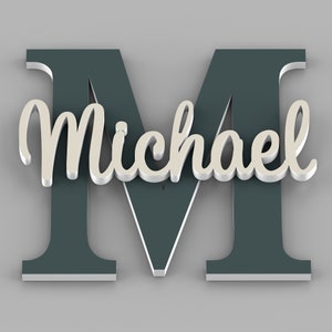 May include: A teal blue wooden letter M with the name Michael in white cursive lettering on top.