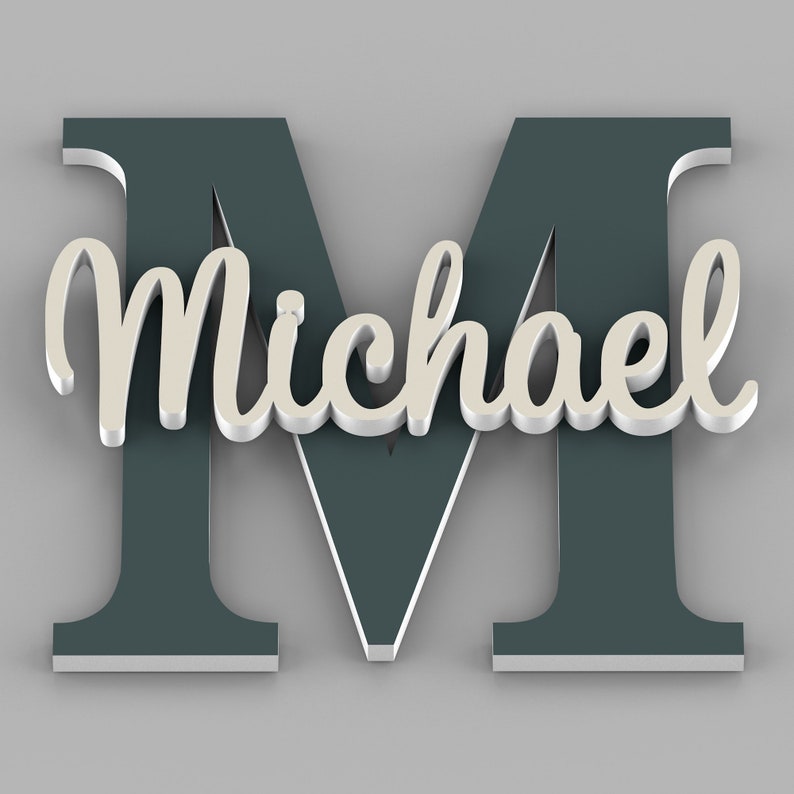 May include: A teal blue wooden letter M with the name Michael in white cursive lettering on top.