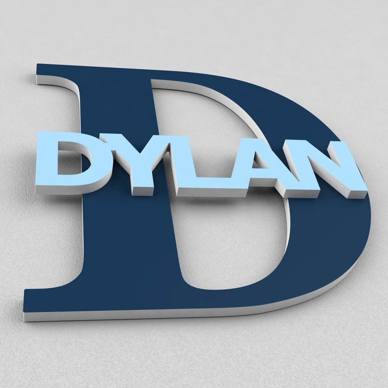 May include: A blue letter D with the name "DYLAN" in light blue letters on top of it.