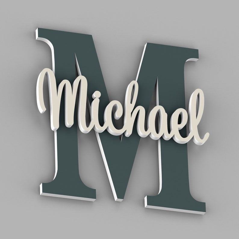 May include: A dark teal 3D letter M with the name Michael in white cursive lettering.