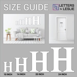 May include: Size guide for large white wooden letters. The letters are shown in different sizes: 10 inches, 14 inches, 20 inches, and 24 inches. The letters are shown on a white wall and on a white door.