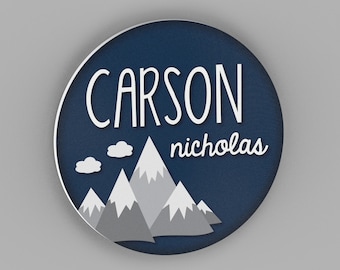 Woodland Mountain Nursery Name Sign Custom Round Baby Name Sign Mountain Decor for Woodland Themes Nursery Wall Art