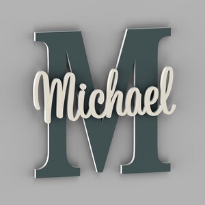 May include: A large, dark teal letter "M" with the name "Michael" in white cursive lettering on top. The letters are three-dimensional and appear to be made of wood.