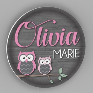 Prénom personnalisé chouette avec hiboux des bois Décoration de chambre d'enfant personnaliséeCadeau pour baby shower Art mural unique Design animaux de la forêt