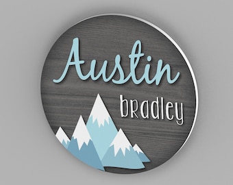 Round Nursery Name Sign, Nursery Decor, Nursery Wall Art, Boy Nursery, Mountain Nursery Decor, Name Sign, Rustic Nursery Decor, Woodland