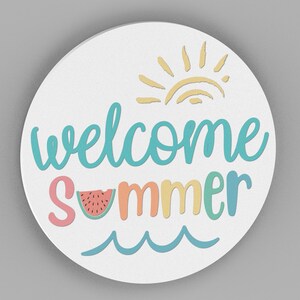 May include: A round white sign with the text "welcome summer" in colorful lettering. The sign features a sun, a watermelon slice, and wavy lines representing water.