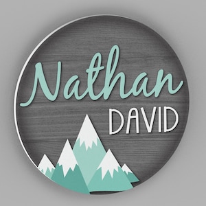 Round Nursery Name Sign, Nursery Decor, Nursery Wall Art, Boy Nursery, Mountain Nursery Decor, Name Sign, Rustic Nursery Decor, Woodland