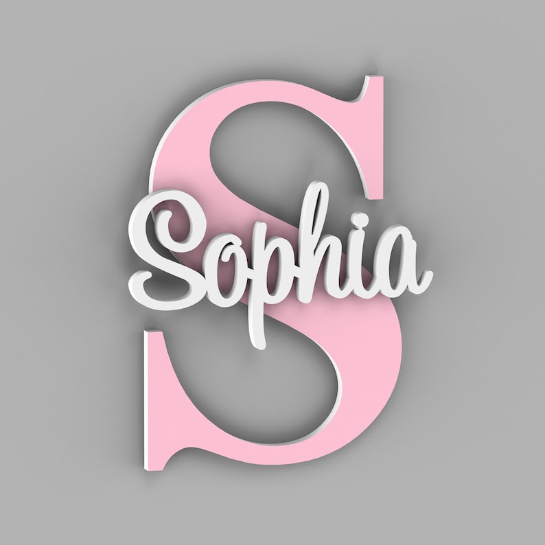 Puede incluir: Letra S de madera rosa con el nombre Sophia en letras blancas cursivas.