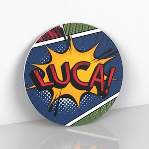 Superhero Comic Round Personalized Name Sign Gift for Kids Superhero Bedroom Decor