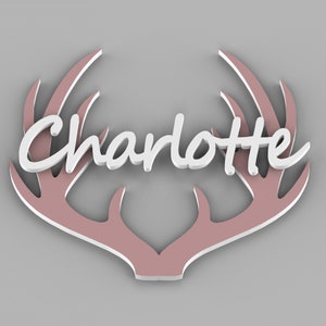 May include: A decorative wall hanging featuring the name "Charlotte" in white script, set against a backdrop of pink antlers with white trim. The design is 3D and set against a gray background.