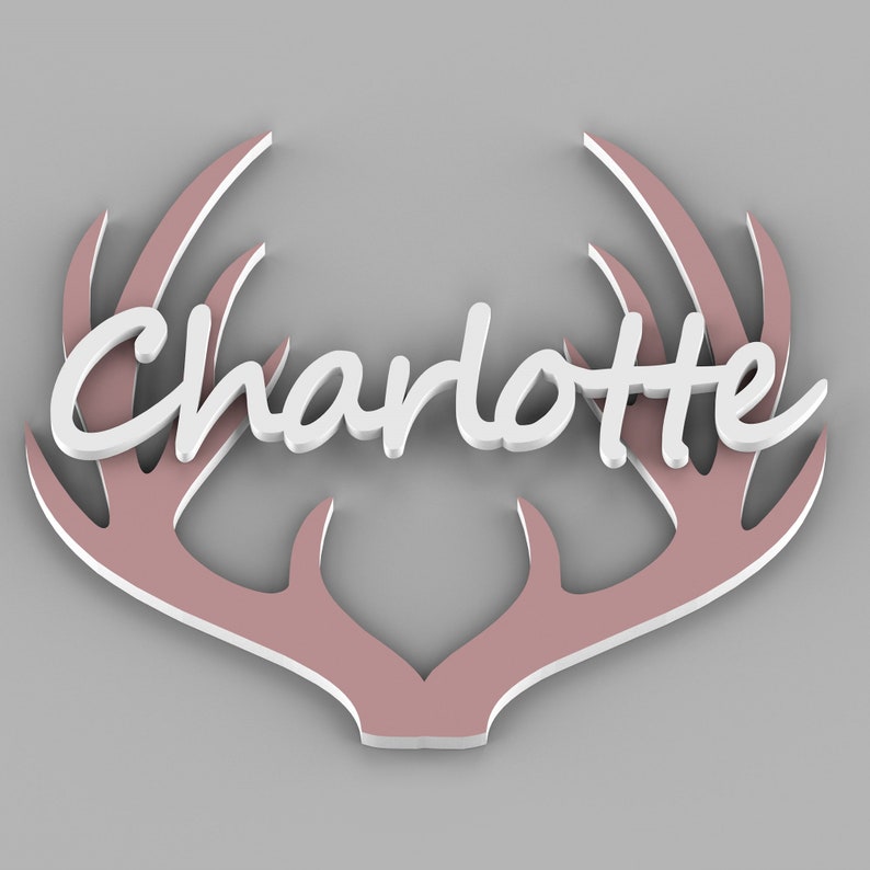 May include: A decorative wall hanging featuring the name "Charlotte" in white script, set against a backdrop of pink antlers with white trim. The design is 3D and set against a gray background.