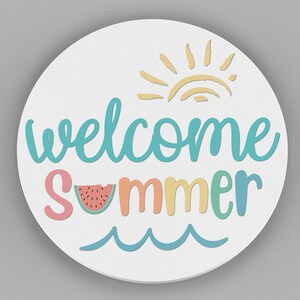 May include: A white round sign with the text "welcome summer" in colorful lettering. The sign features a sun, a watermelon slice, and wavy lines to represent the ocean.