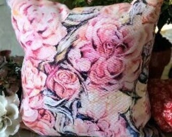 Full color 14" floral square double sided pillow, Spring vintage floral design accent pillow, Watercolor Rose Throw Pillow, Art Deco Pillow