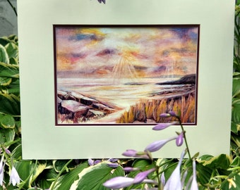Irish Sea Original Watercolor Painting: Matted Ireland Landscape Art (16x20)