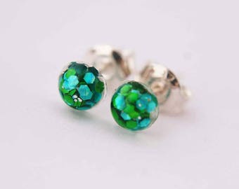 5mm Glitter Resin Sterling Silver Post Earrings in 'Mermaid' - Blue, Green, Silver, Festival, Bridesmaid, Gift, Jewellery, Birthday, Unicorn