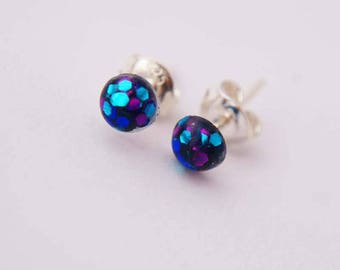 5mm Glitter Resin Sterling Silver Post Earrings in 'Midnight' - Holographic, Small, Festival, Bridesmaid, Gift, Jewellery, Unicorn.