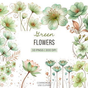 10 Green Flower Clipart, Watercolor Floral PNG, Spring Flower Image, Transparent Background, Digital Download, Paper Craft, Junk Journals