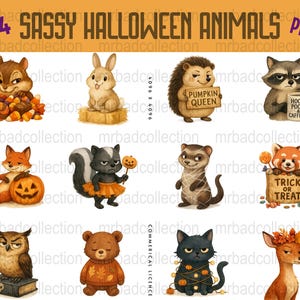 24 Sassy Halloween Animals Digital Clipart PNG for Scrapbooking and Journaling, Stickers, Crafts, Fall Animals, Halloween Decorations