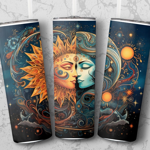 Sun and Moon Celestial Tumbler Wrap, Zodiac Starry Sky 20 oz Design, Digital Download, Boho Chic Drinkware Accessory, High-Resolution PNG