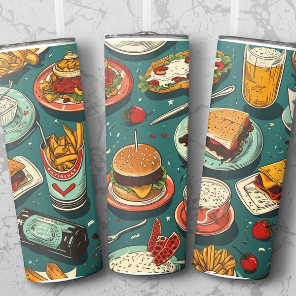 Vintage Diner Food Tumbler Wrap, Retro Seamless Pattern, Classic American Cuisine Tapered Strain