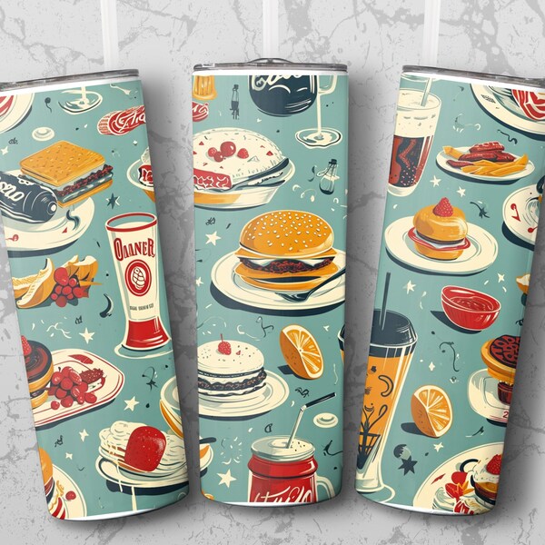 Retro Diner Food Tumbler Wrap, Vintage Strain Tapered Design, Classic American Fast Food Drink Sleeve