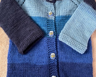 18-24 Month Hand Knit Gender Neutral Cardigan in Tonal Blues with Goldfish in Bowls  Buttons