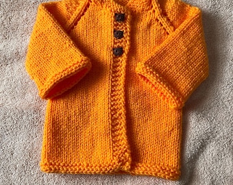 Newborn - 6 Month Gender Neutral Hand Knit Bright Orange Cardigan with Tiger  Buttons