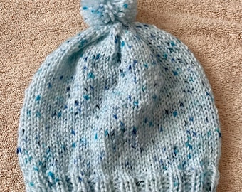 Hand Knit Toddler Pale  and Royal Blue Dot and Winter Slouchy Hat with Pompom