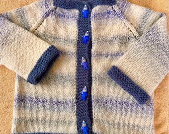 12 - 18 Months Hand Knit Gender Neutral Blue and  Cardigan and Hat set with Boy in Snowsuit Buttons