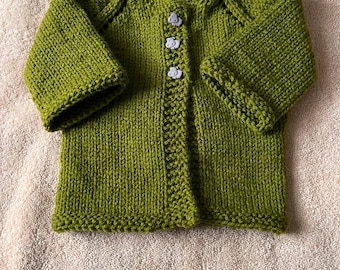 Newborn - 6 Month Gender Neutral Hand Knit Green Cardigan with Hippo  Buttons
