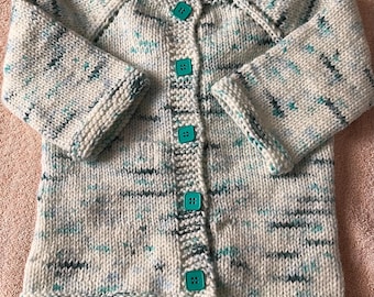 12- 18 Month Hand Knit Gender Neutral Cardigan in Teal Splash with Teal Square  Buttons