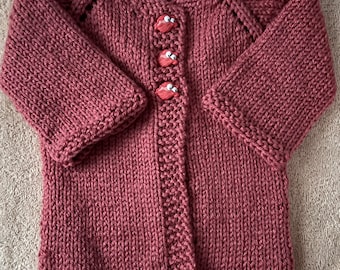 Newborn - 6 Months Hand Knit Gender Neutral Faded Red Baby Cardigan with Happy Clam Buttons