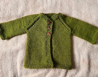 Newborn - 6 Month Gender Neutral Hand Knit Green Cardigan with Turtle Buttons