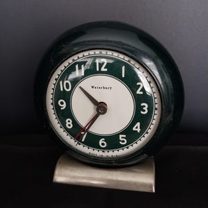 Vintage MCM Art Deco Waterbury Alarm Clock Dark Green