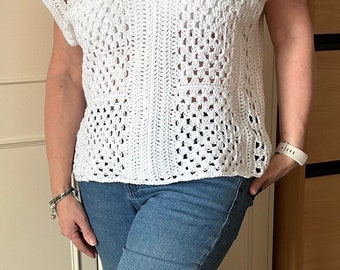 Hand crocheted white summer top 100% cotton