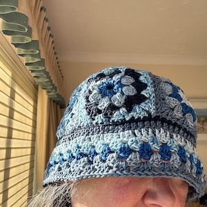 100% cotton hand crocheted unique blue bucket hat, hippy hat, retro hat, boho hat, festival hat, winter hat, beanie, OOAK