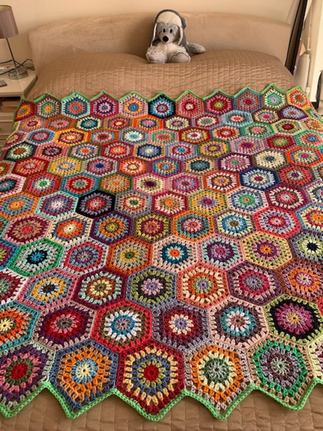 Hand Made Crochet Blanket Colourful Rainbow Throw 100cotton Bright