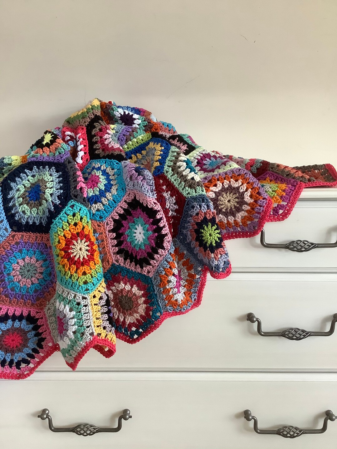 Hand Made Crochet Blanket Colourful Throw 100cotton Coral Edge Etsy