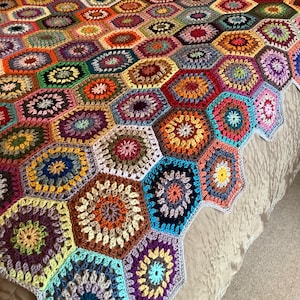 Hand made crochet blanket colourful rainbow throw 100%cotton silver edge